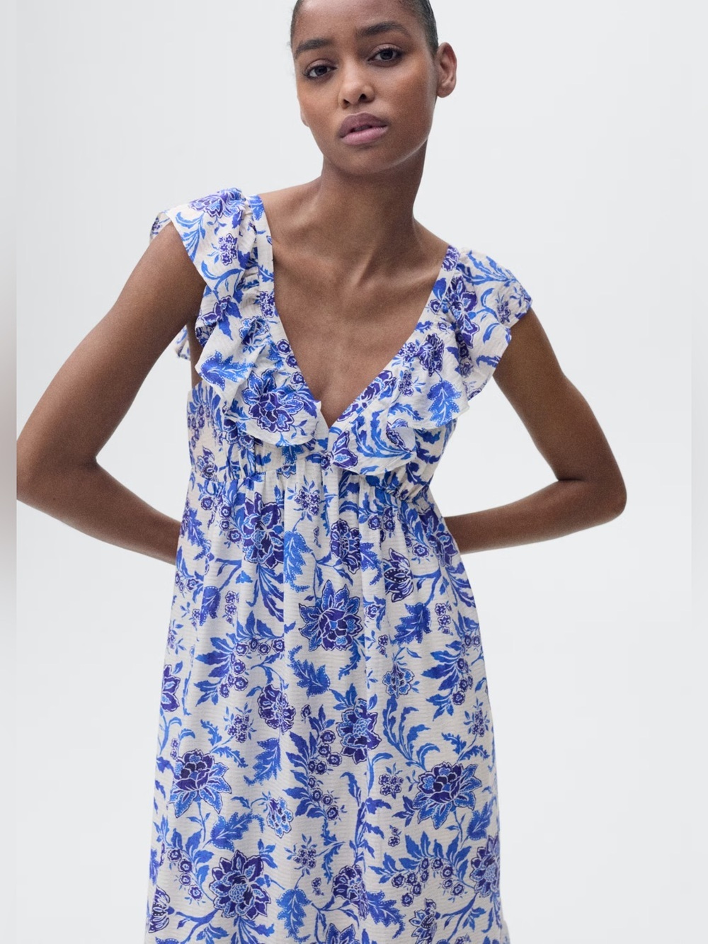 Mango Blue ruffled floral print dress NWT